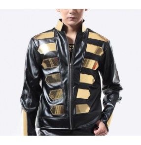 Black gold sequins rivet long sleeves men's male fashion motor cycle  singer dj ds jazz punk rock performance jazz jackets tops coat 